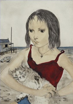  Fille Painting - Jeune fille avec son chat sur la plage Leonard Tsuguharu Foujita Japanese
